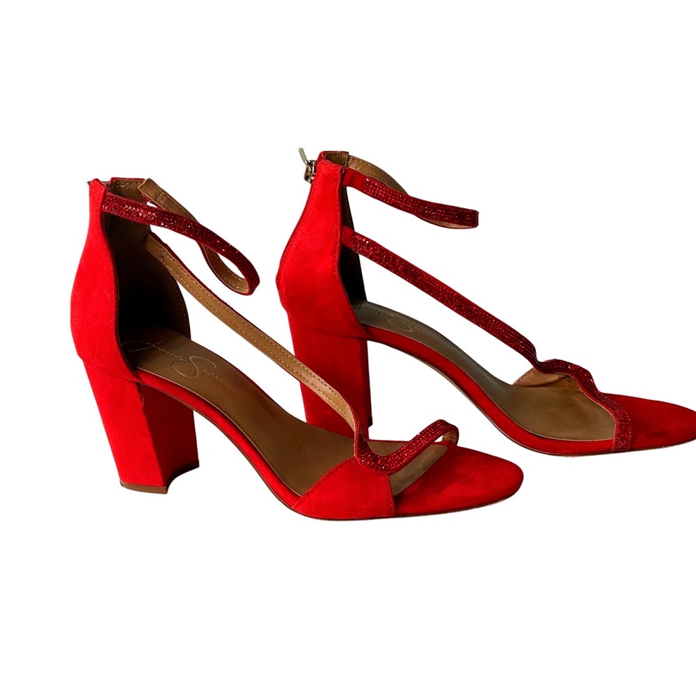 Jessica Simpson Red Suede Rhinestone Asymmetrical Block Heel Sandals Size 9.5 M